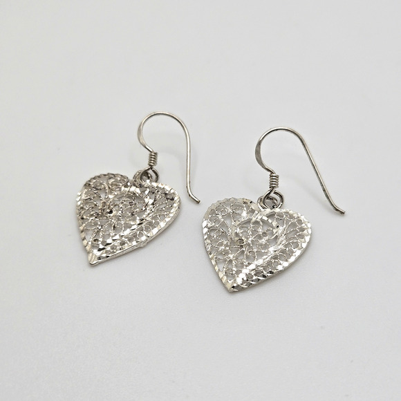 Vintage Sterling Silver Heart Earrings Diamond Cut Open Work Ornate Boho Classic - Picture 2 of 13